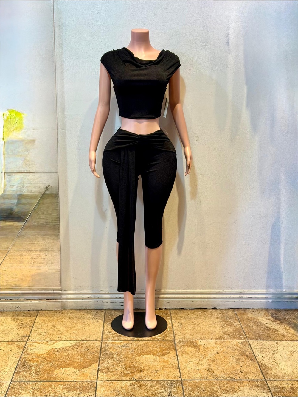Women's Black Crop Top & Asymmetric Capri Set